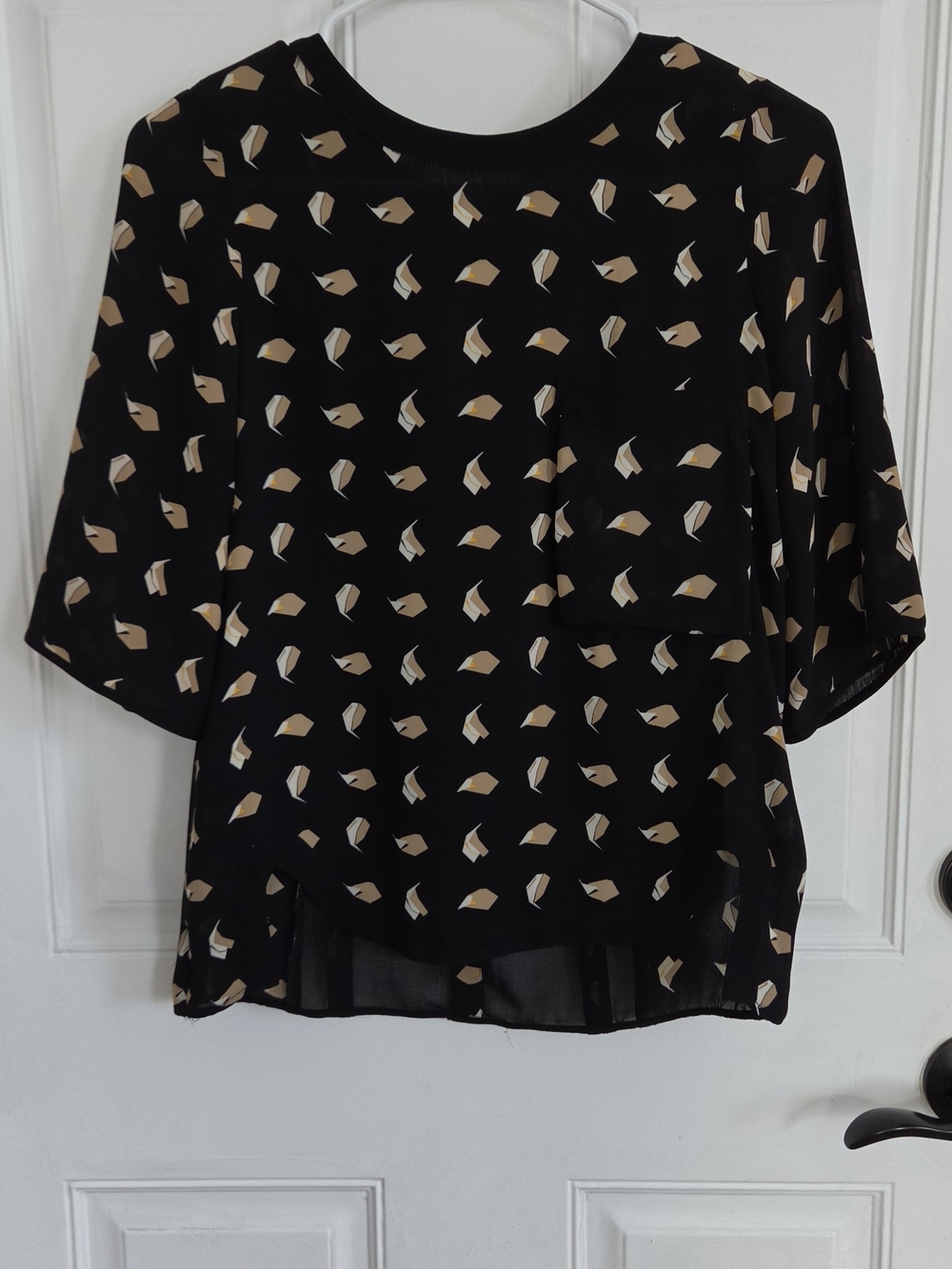 Zara Black Short-Sleeve Blouse with Tan & Cream Print ( T11)